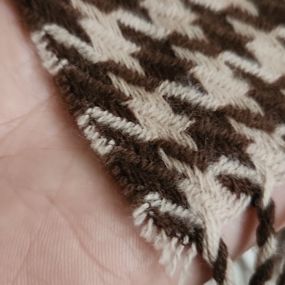 100% Clear Silk Tassel Scarf Unisex Camel beige Brown Houndstooth Luxury - Picture 5 of 10